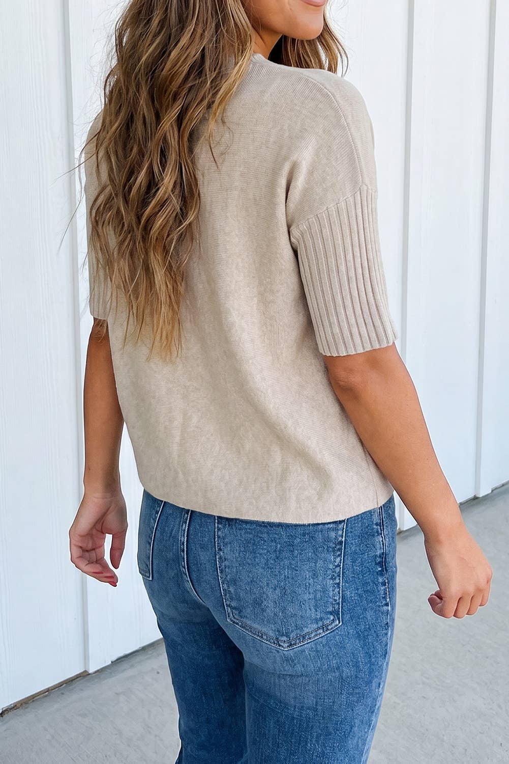 Retro Solid Short Sleeve Mock Neck Sweater