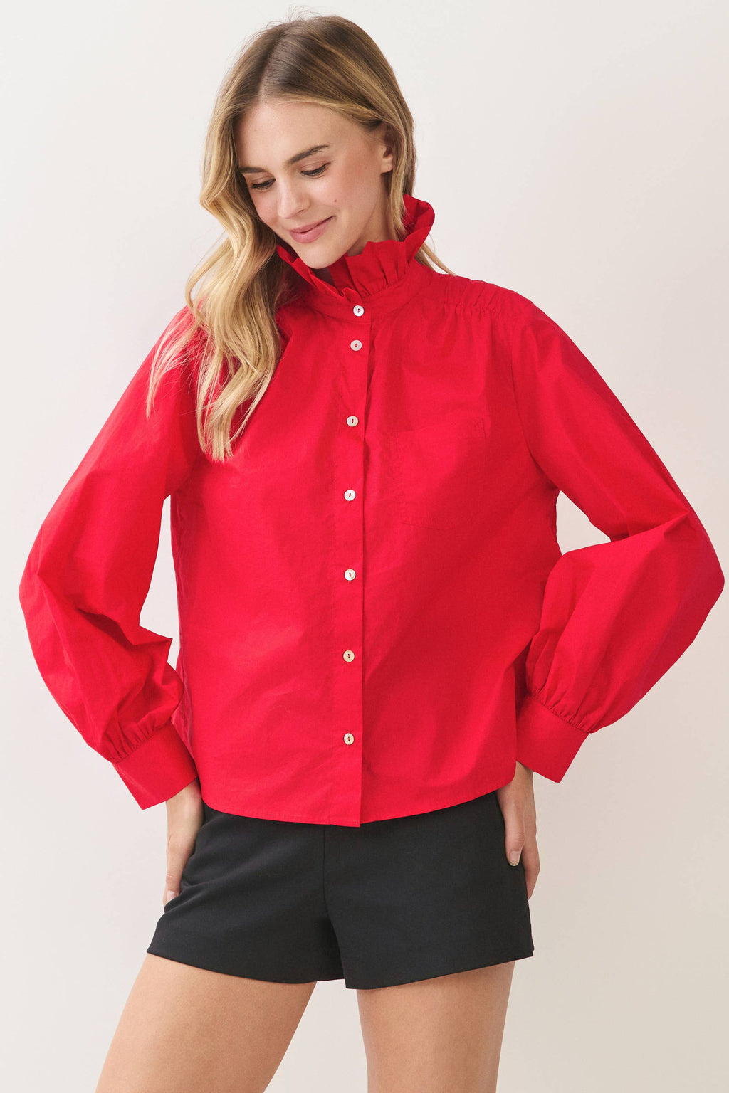 RUFFLED HIGH-NECK BUTTON DOWN SHIRT RED