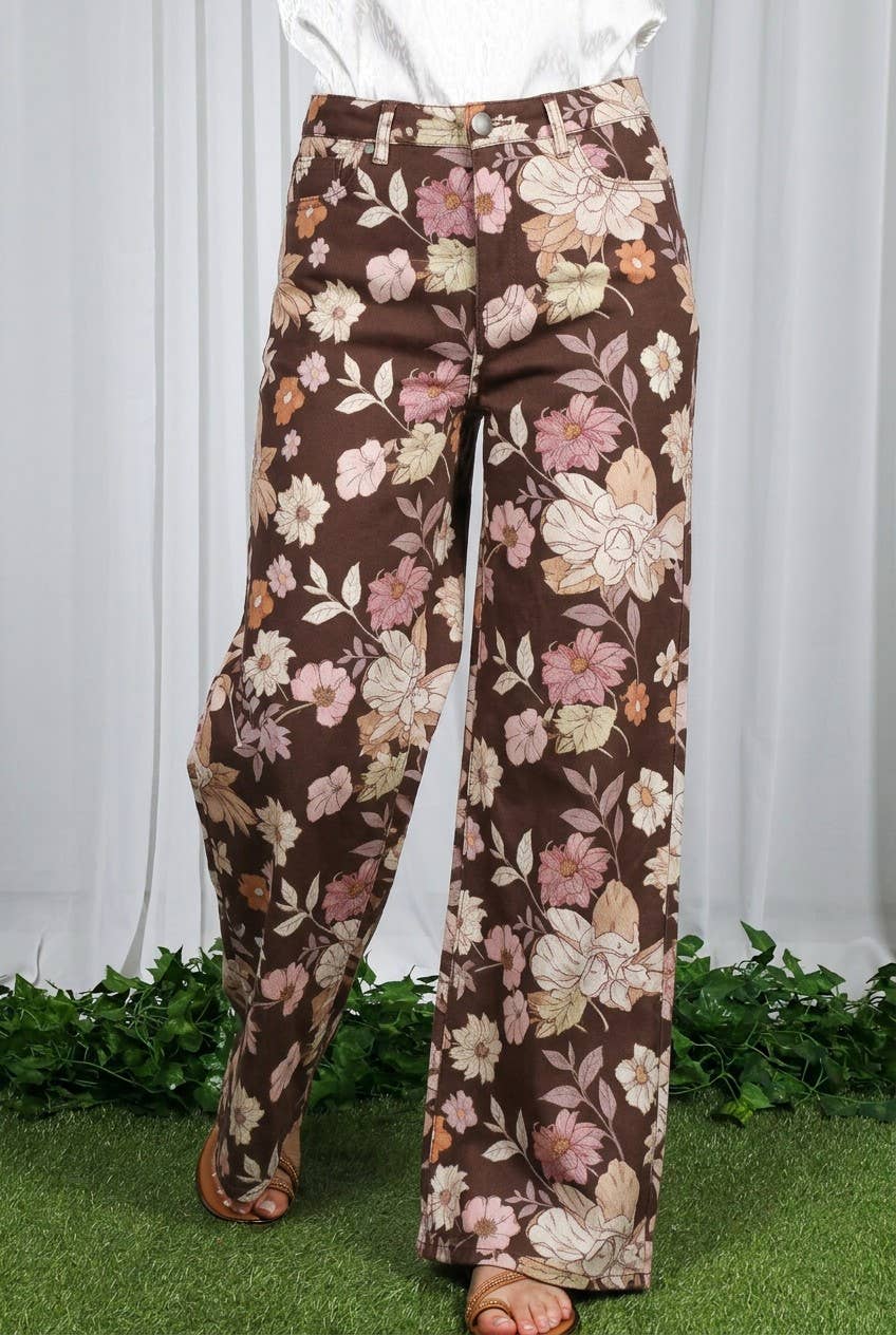 Floral Print Straight Leg Cotton Jean Pants