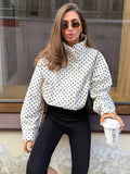 Polka Dot Woven Jacket Trendy Zip Up Stand Collar: White
