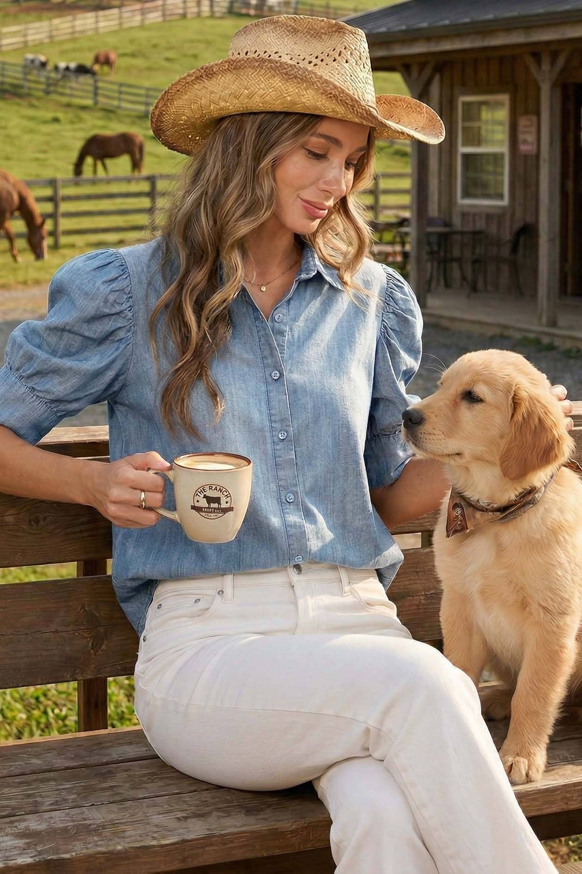 Collared Puff-Sleeve Chambray Denim Shirt