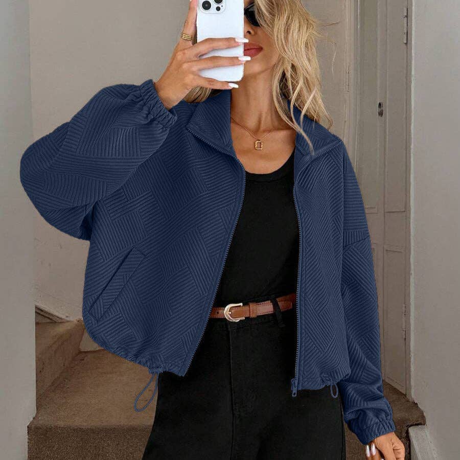 Geometric Textured Zip Up Bomber Jacket Relaxed Fit