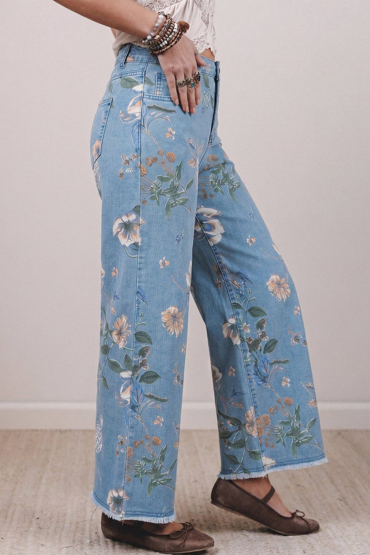 Retro Floral Print Frayed Hem Shift Jeans Boho Denim Pants