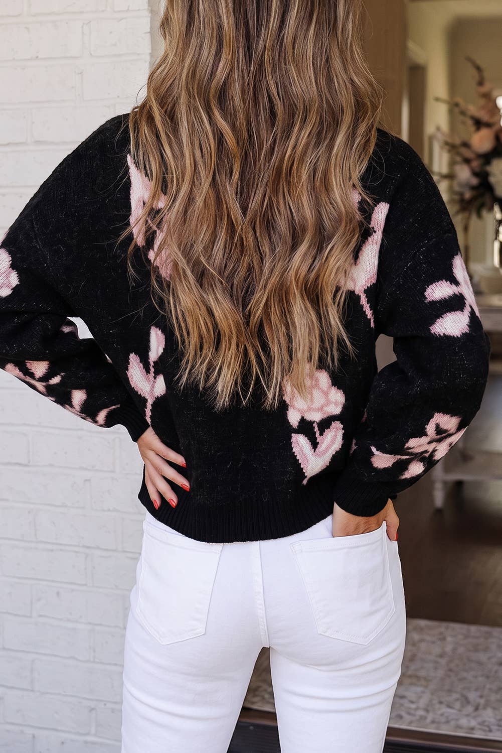 Floral Crew Neck Dropped Shoulder Sweater: Black