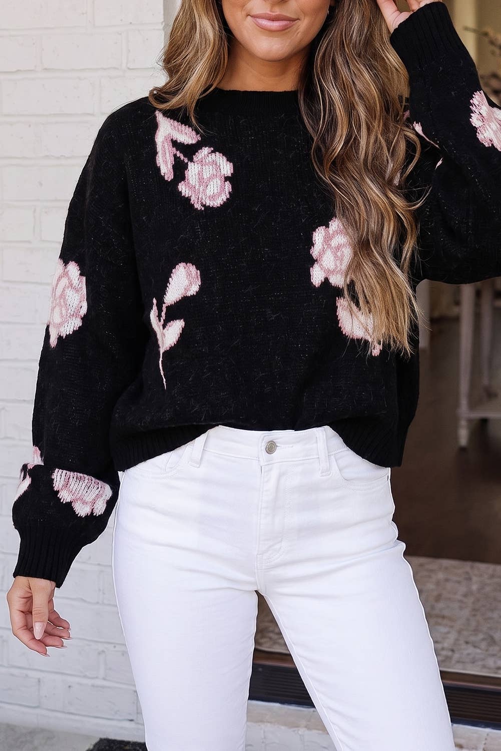 Floral Crew Neck Dropped Shoulder Sweater: Black