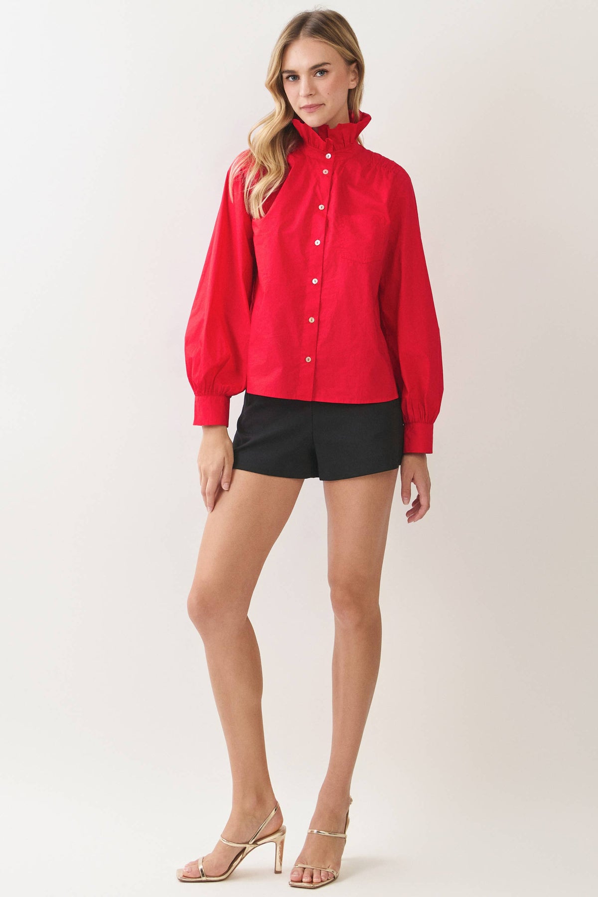 RUFFLED HIGH-NECK BUTTON DOWN SHIRT RED