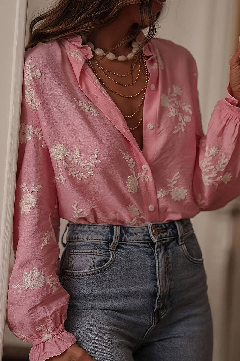 Pink Floral Detail Button-Up Blouse