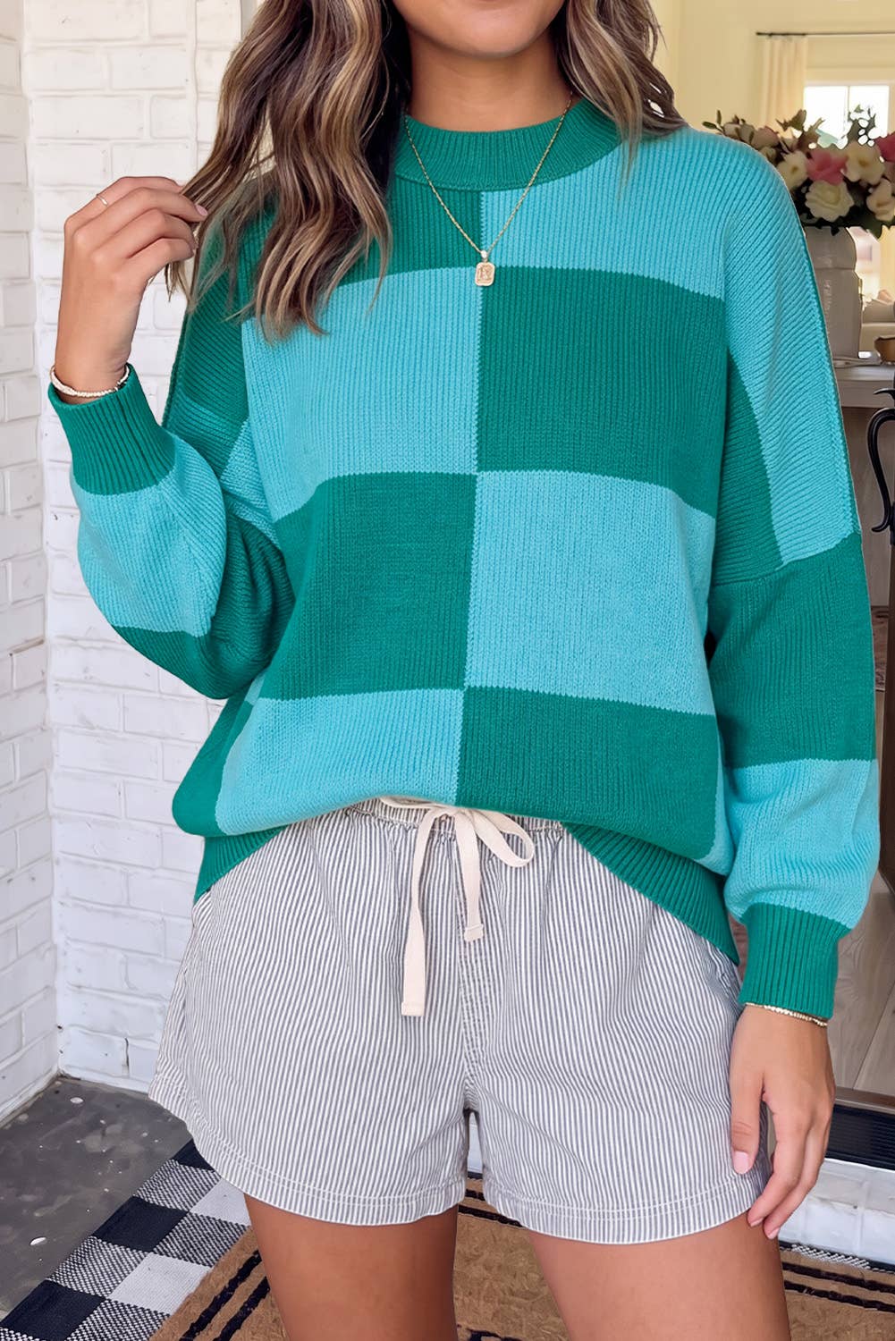 Checkered Crew Neck Drop Shoulder Sweater