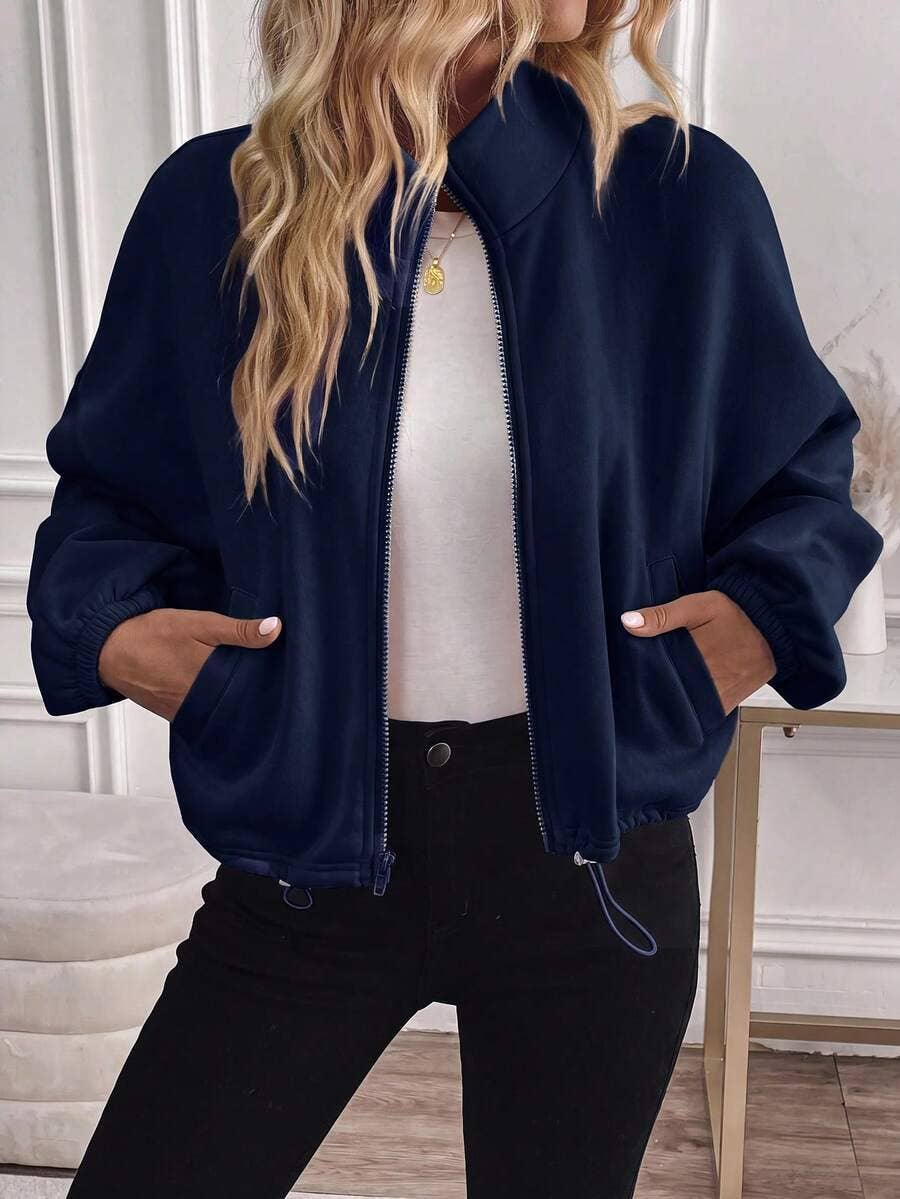 Fleece Zip Up Jacket Drawstring Casual Cropped Outerwear NAVY