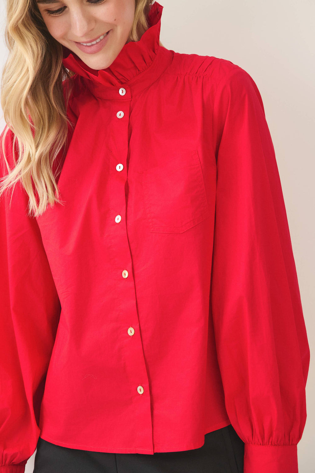 RUFFLED HIGH-NECK BUTTON DOWN SHIRT RED