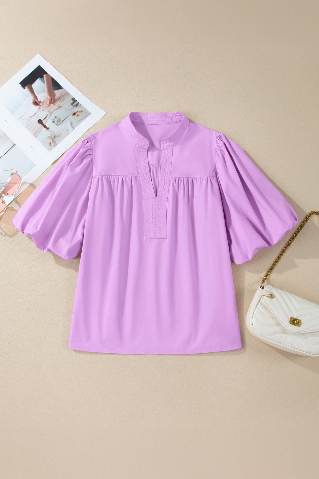 Orchid V Neck Puffy Half Sleeve Blouse