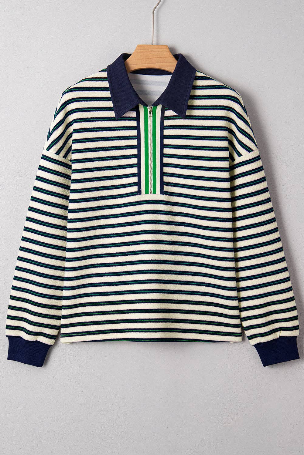 Navy Blue Striped Print Contrast Collar Zip V Neck Long Sleeve Top