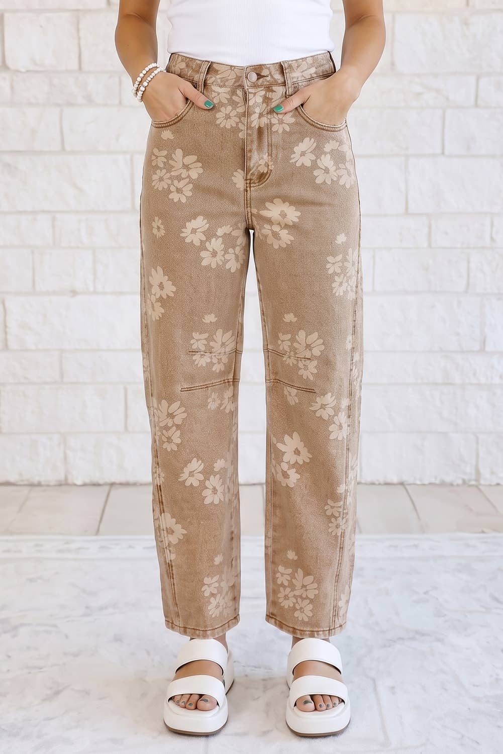 Floral Print Metal Button Pleated Straight Leg Jeans