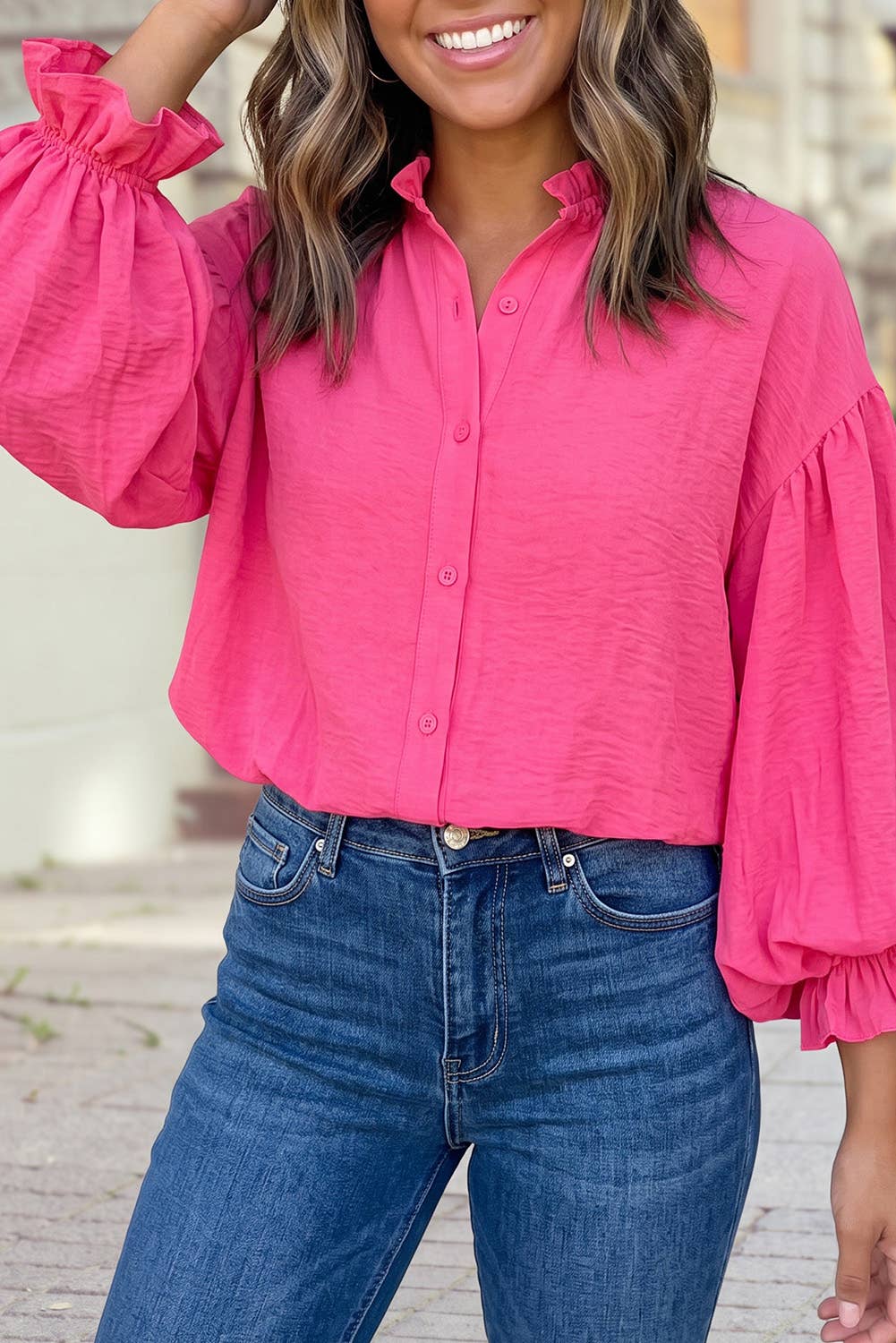 Stand‑Collar Ruffle Cuff Long‑Sleeve Shirt