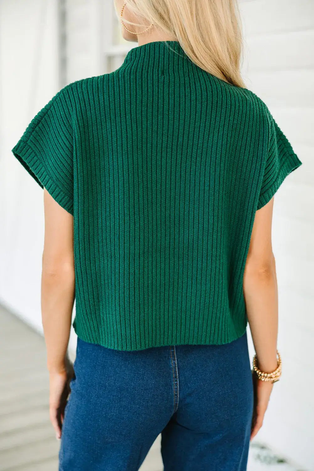 Green Pocket Ribbed Knit Short Sleeve Sweater