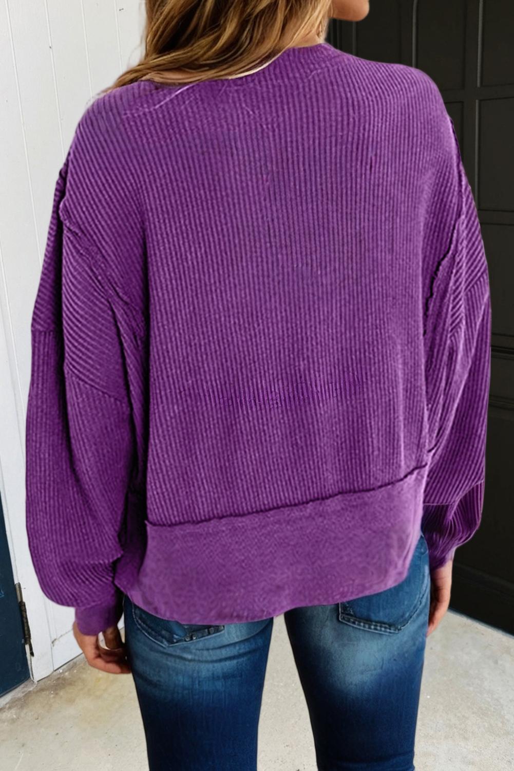 Solid Raw Seam Patchwork Textured Sweatshirt-Orchid Mist