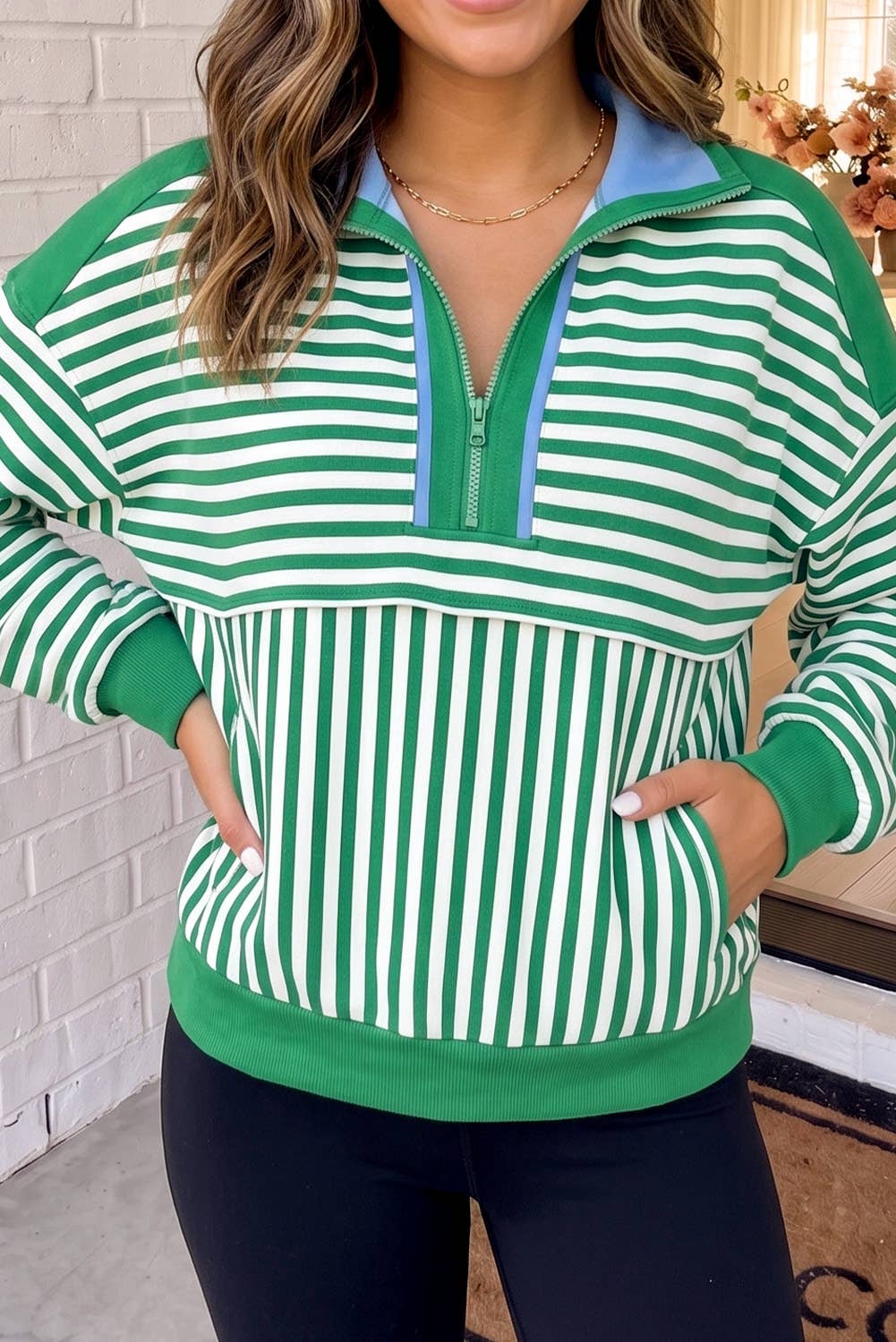 Striped Colorblock Half Zipper Sweatshirt