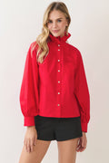 RUFFLED HIGH-NECK BUTTON DOWN SHIRT RED