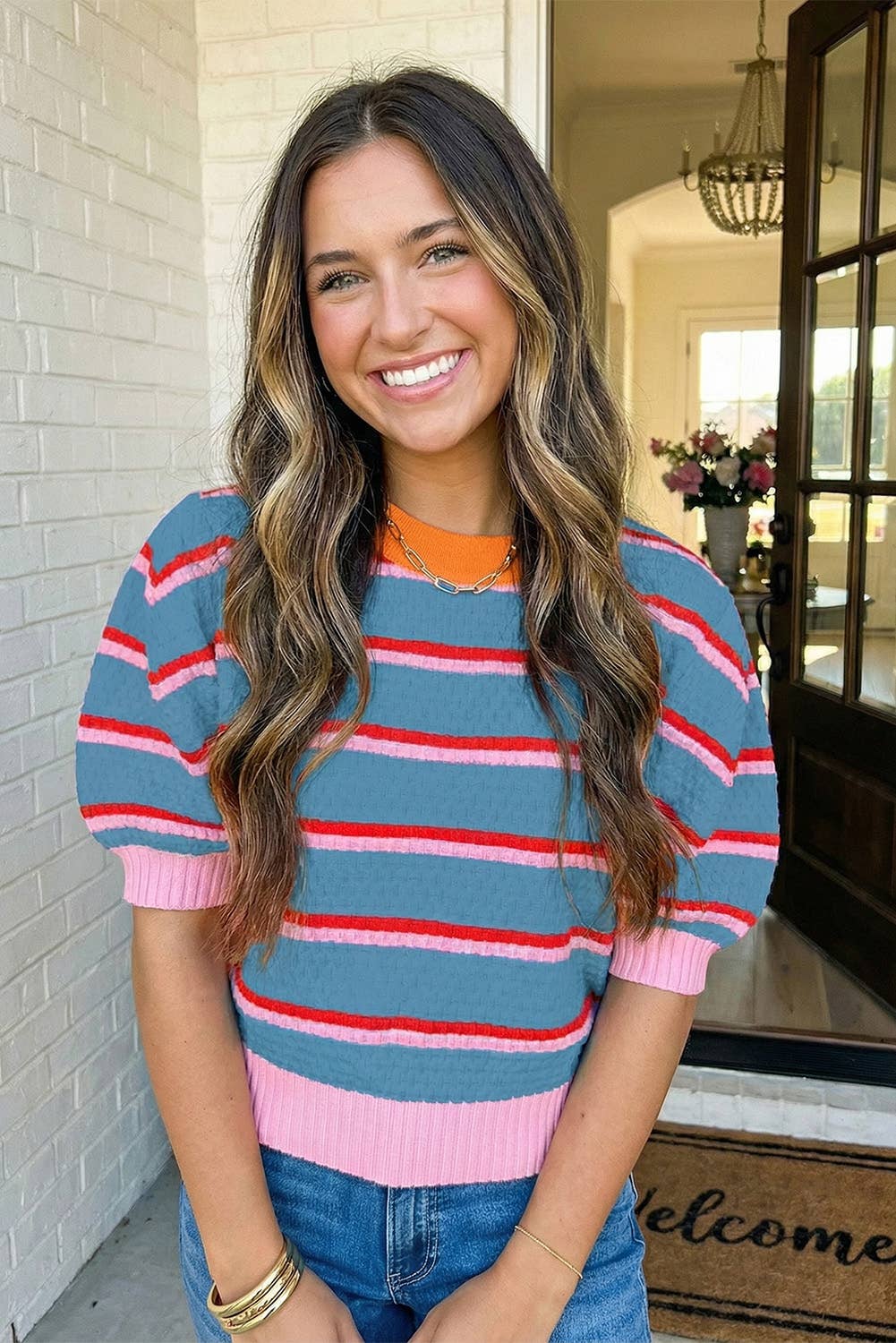 Stripe Colorblock Trim Half Sleeve Sweater