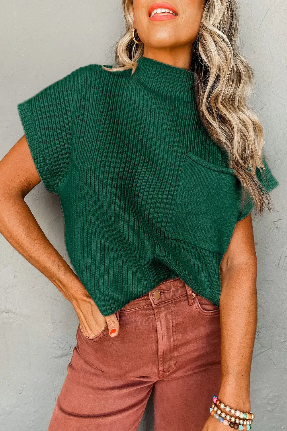 Green Pocket Ribbed Knit Short Sleeve Sweater