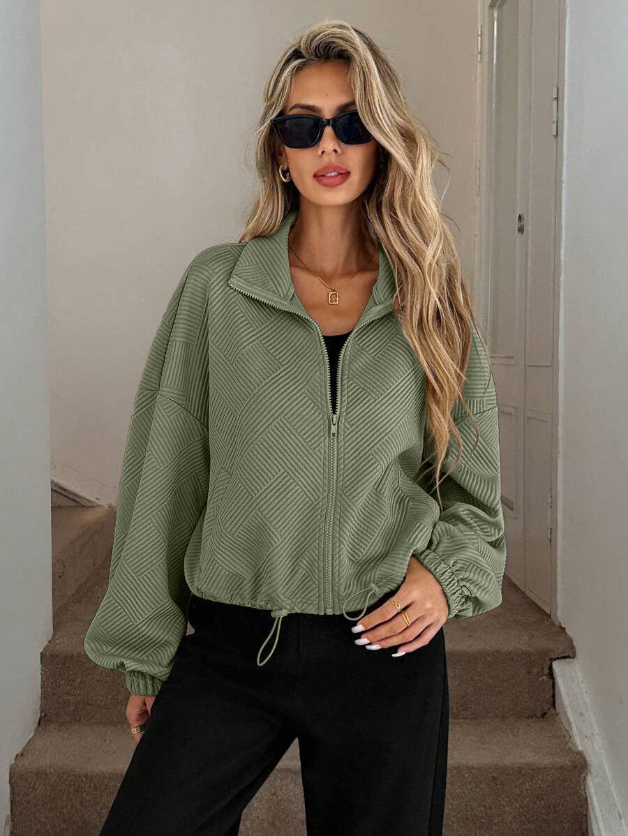 Geometric Textured Zip Up Bomber Jacket Relaxed Fit