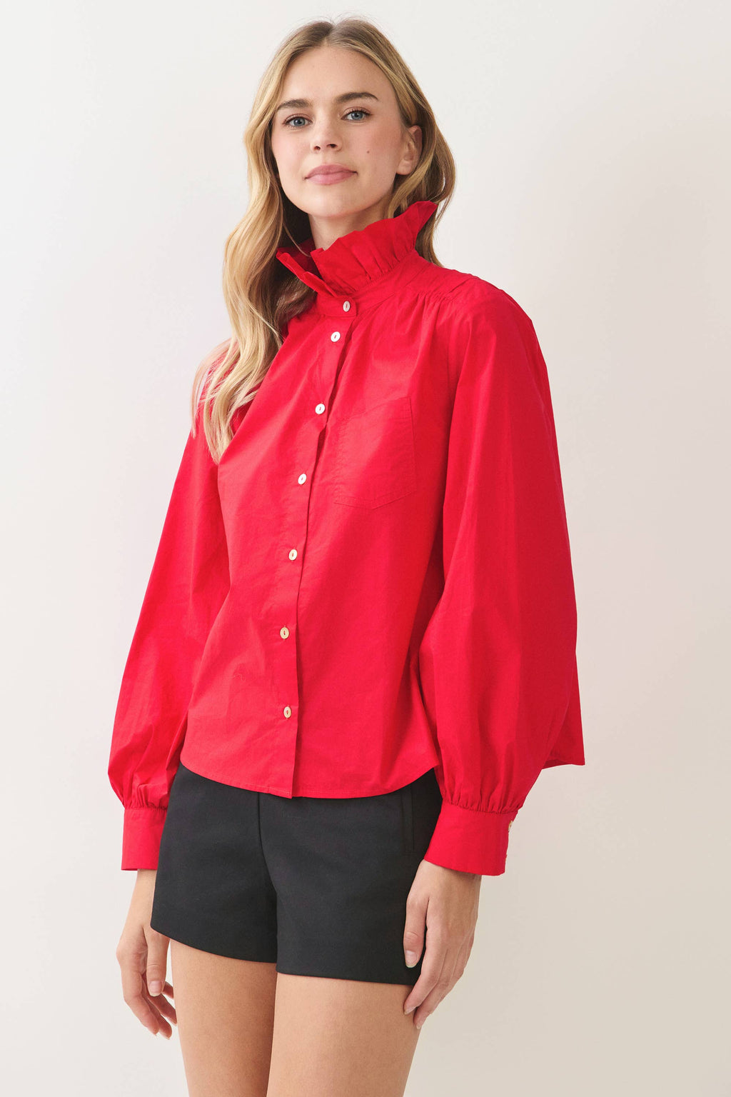 RUFFLED HIGH-NECK BUTTON DOWN SHIRT RED
