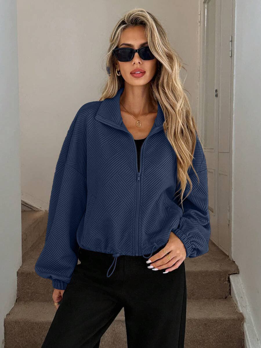 Geometric Textured Zip Up Bomber Jacket Relaxed Fit