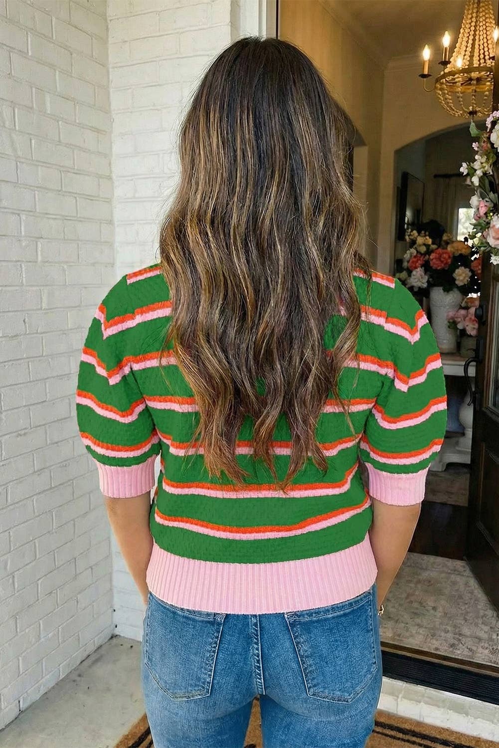 Stripe Colorblock Trim Half Sleeve Sweater