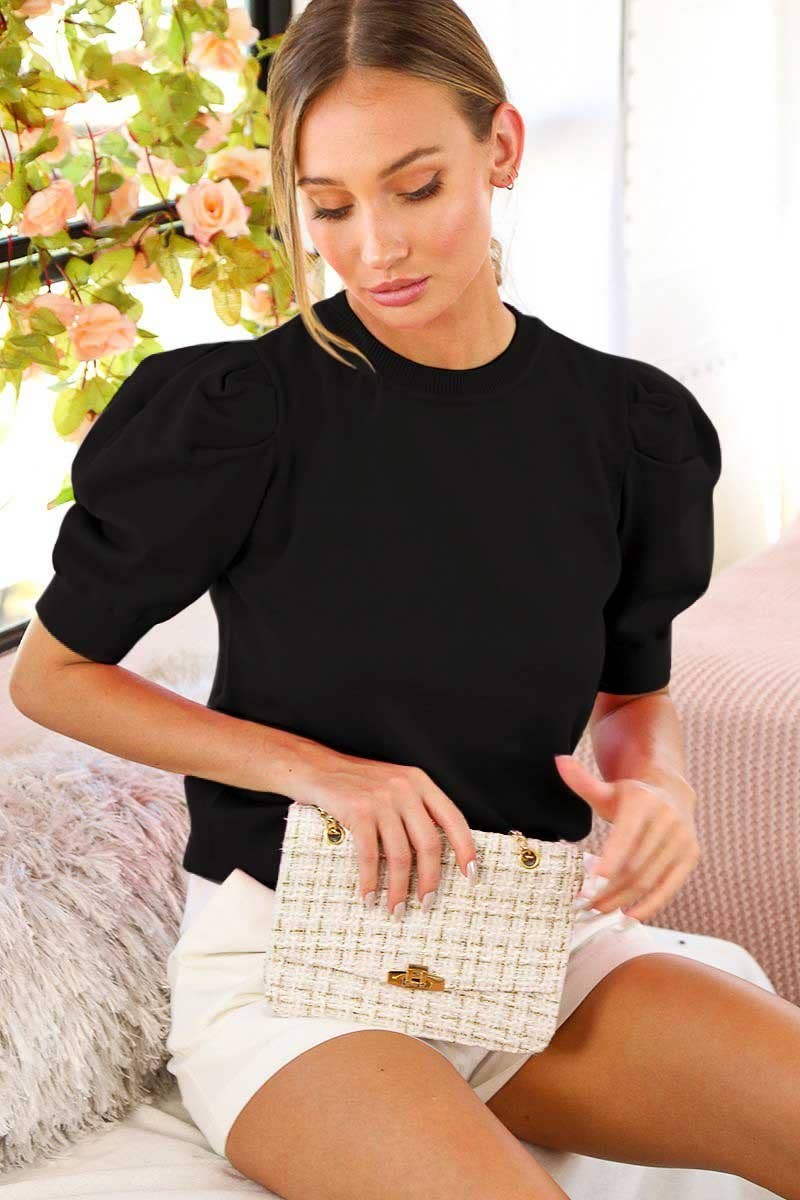 Crew Neck Puff Sleeve Knitted Sweater Top