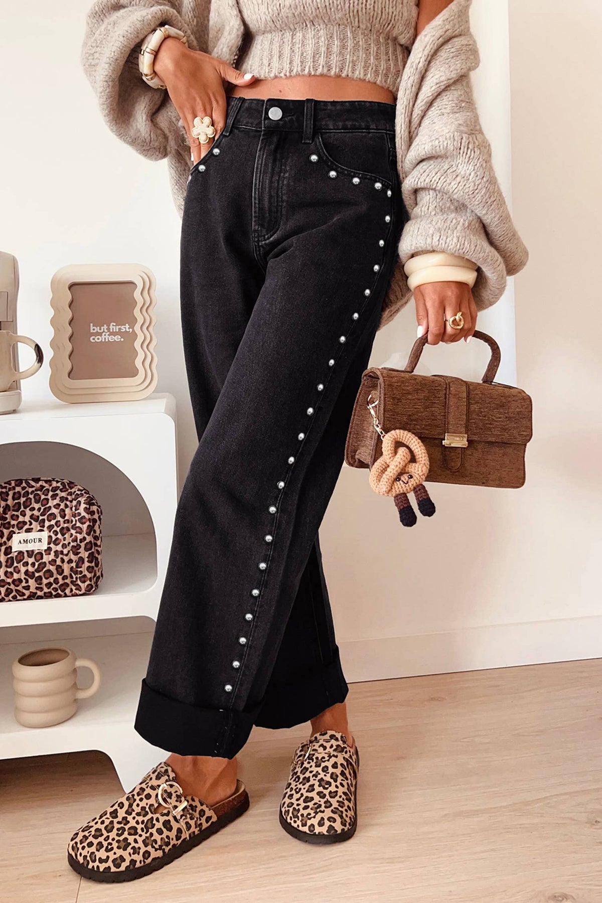 Decorative Studs Casual Daily Wear Jeans: Black