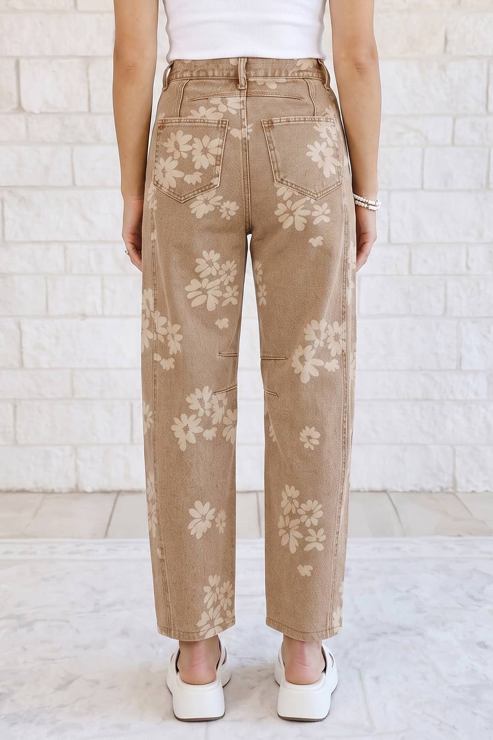Floral Print Metal Button Pleated Straight Leg Jeans