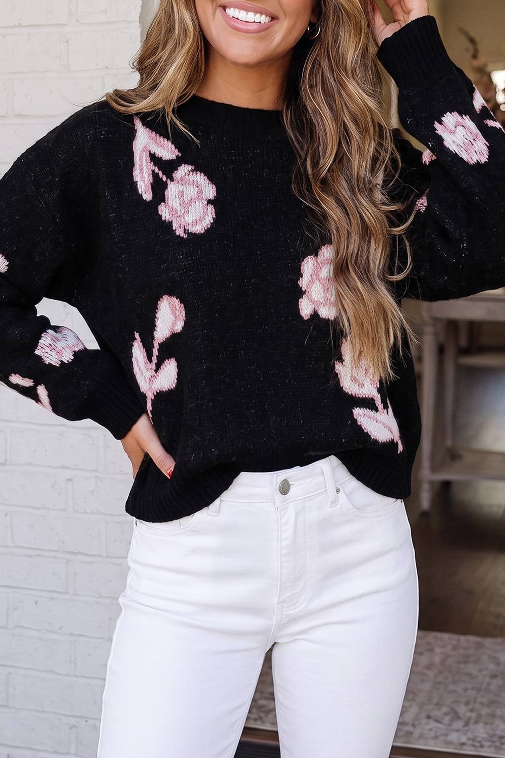 Floral Crew Neck Dropped Shoulder Sweater: Black