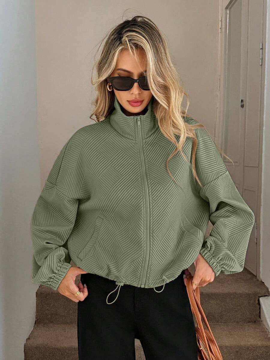 Geometric Textured Zip Up Bomber Jacket Relaxed Fit