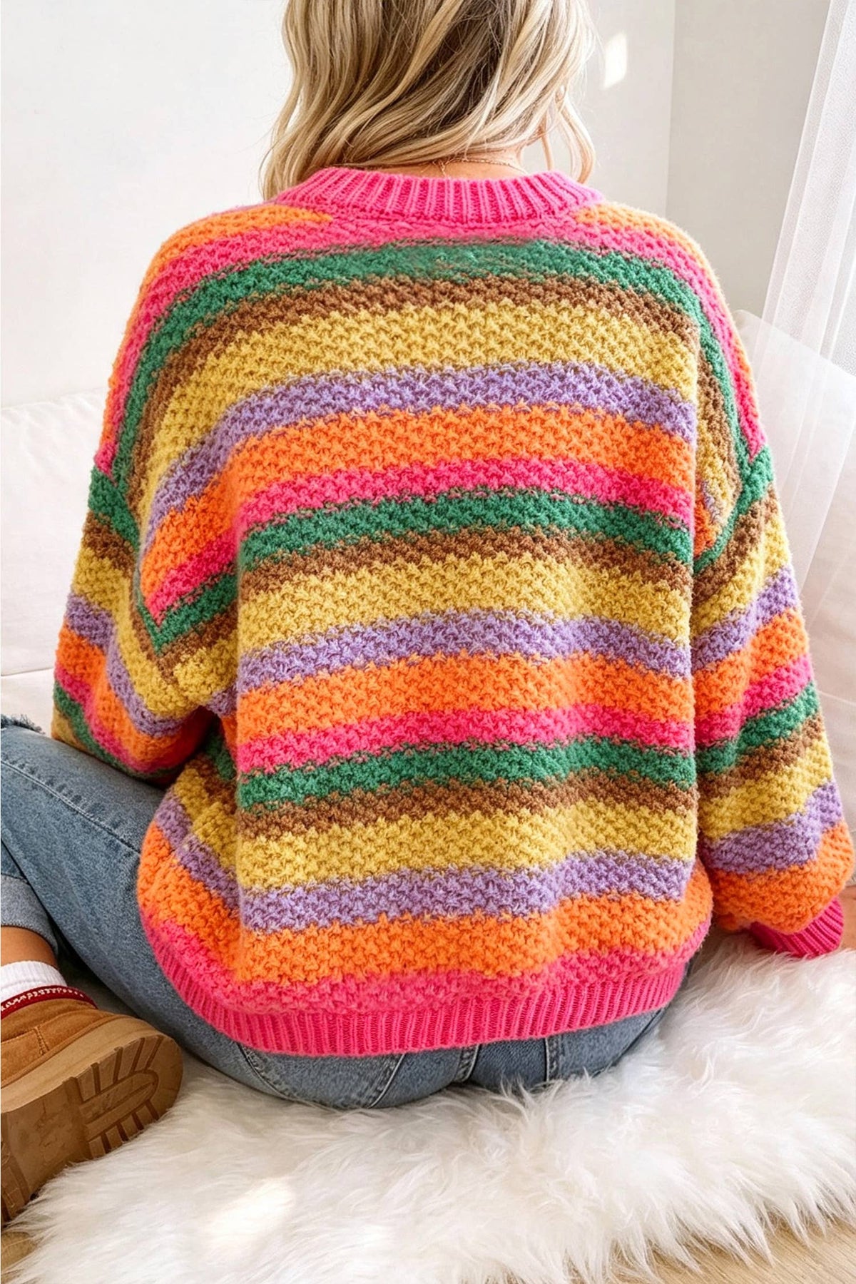 Rainbow Striped Knit Round Neck Puff Sleeve Sweater