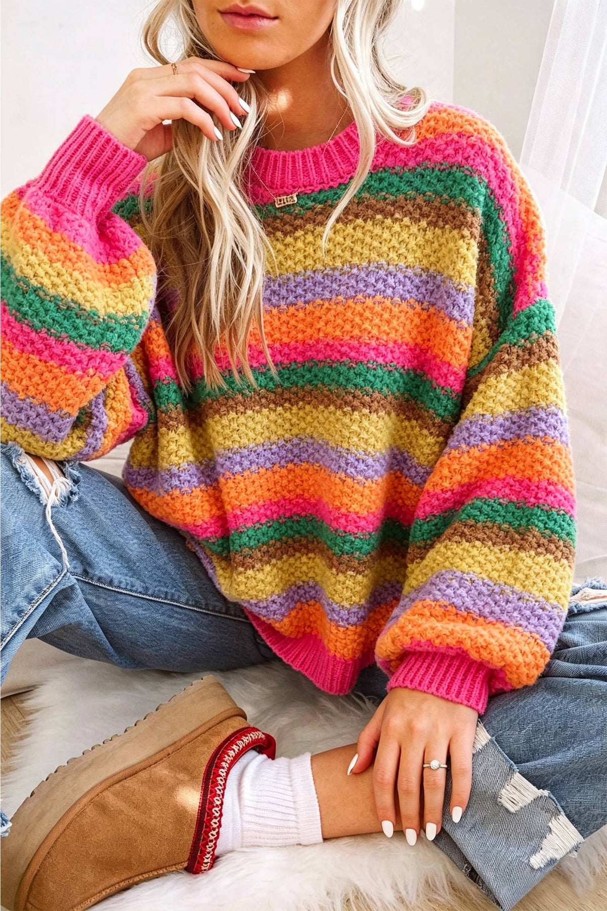 Rainbow Striped Knit Round Neck Puff Sleeve Sweater