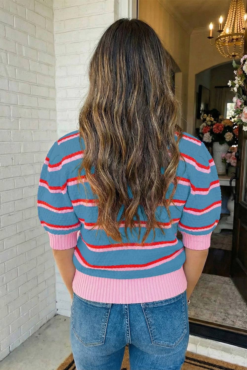 Stripe Colorblock Trim Half Sleeve Sweater