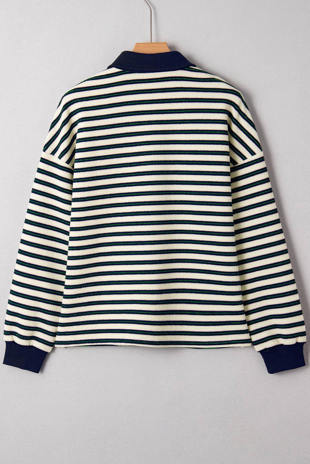 Navy Blue Striped Print Contrast Collar Zip V Neck Long Sleeve Top
