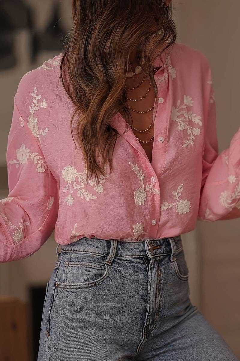 Pink Floral Detail Button-Up Blouse