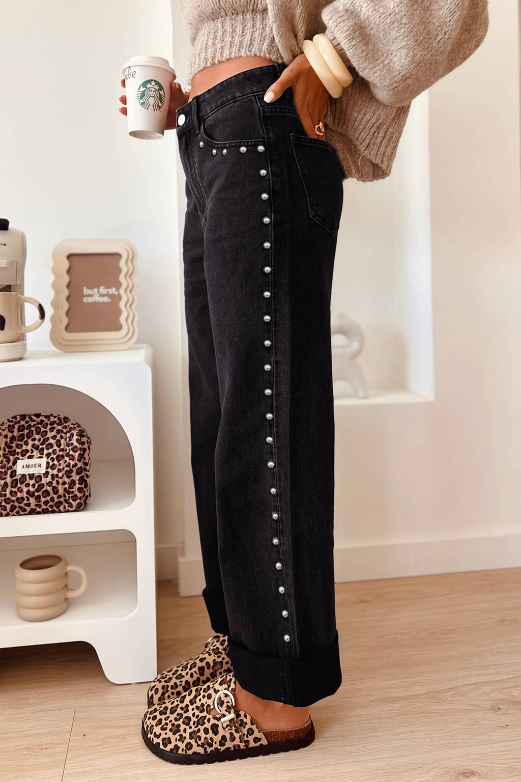 Decorative Studs Casual Daily Wear Jeans: Black