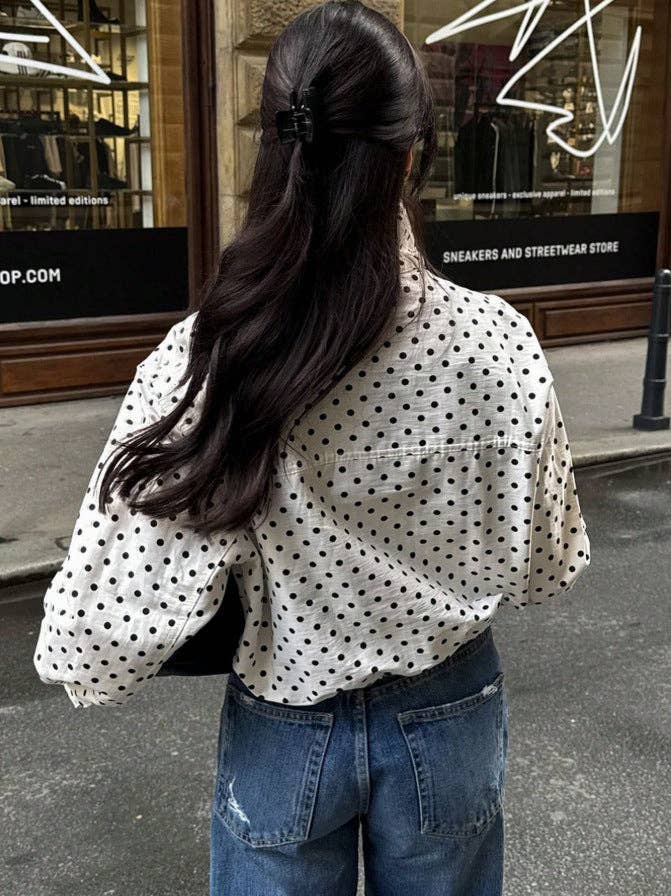 Polka Dot Woven Jacket Trendy Zip Up Stand Collar: White
