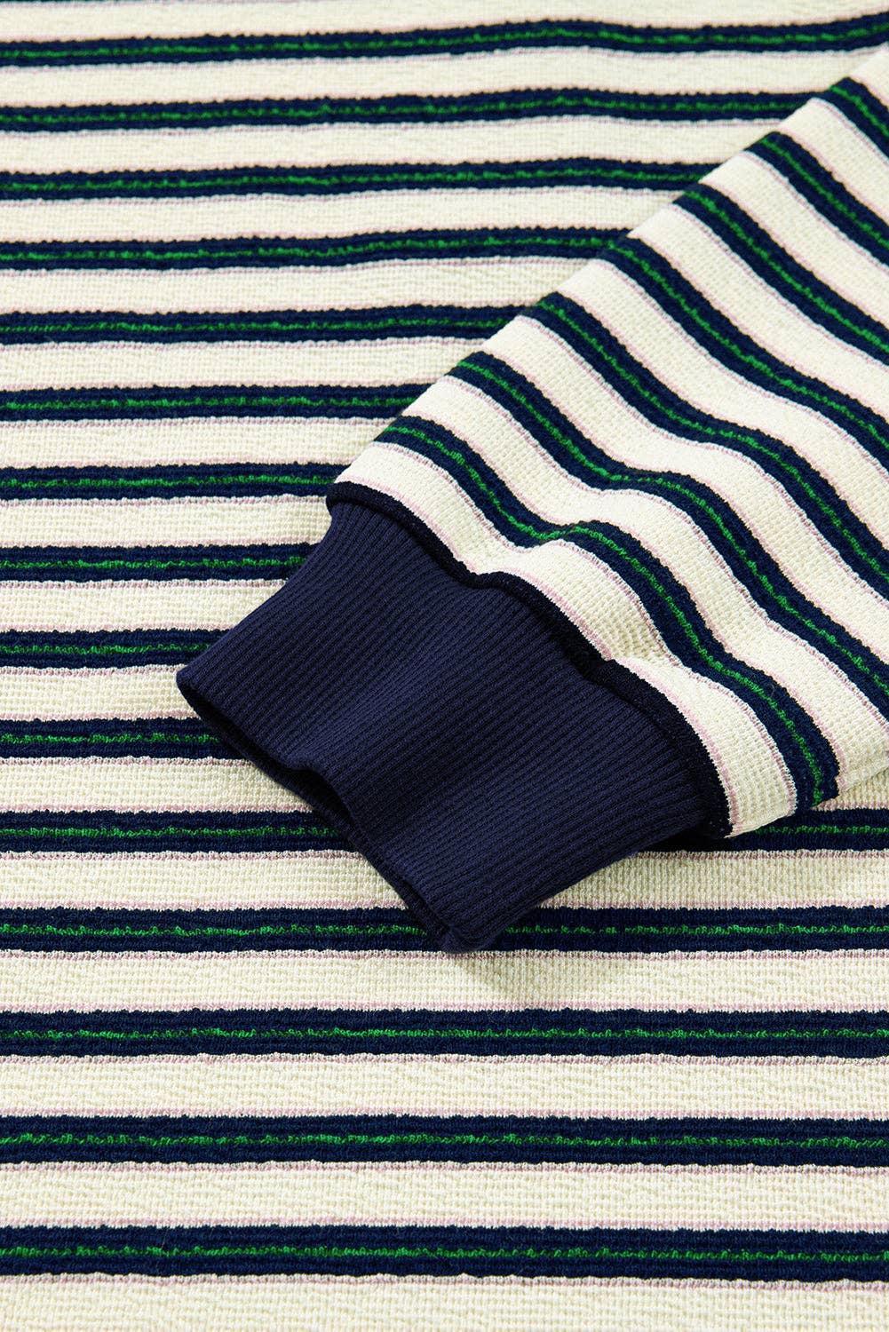 Navy Blue Striped Print Contrast Collar Zip V Neck Long Sleeve Top
