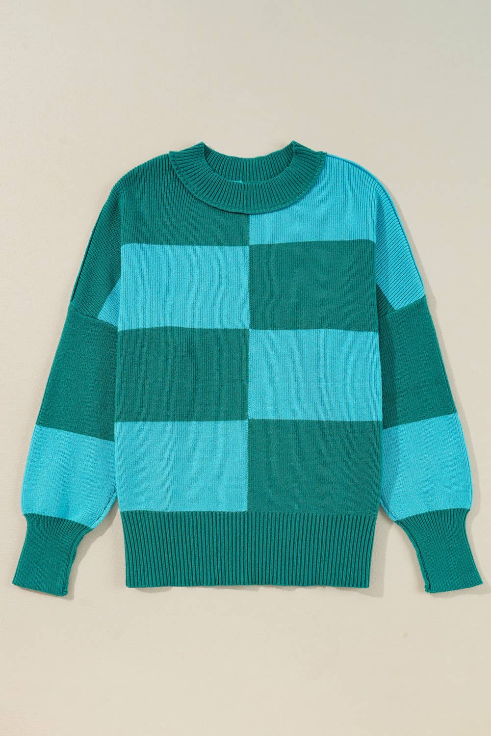 Checkered Crew Neck Drop Shoulder Sweater