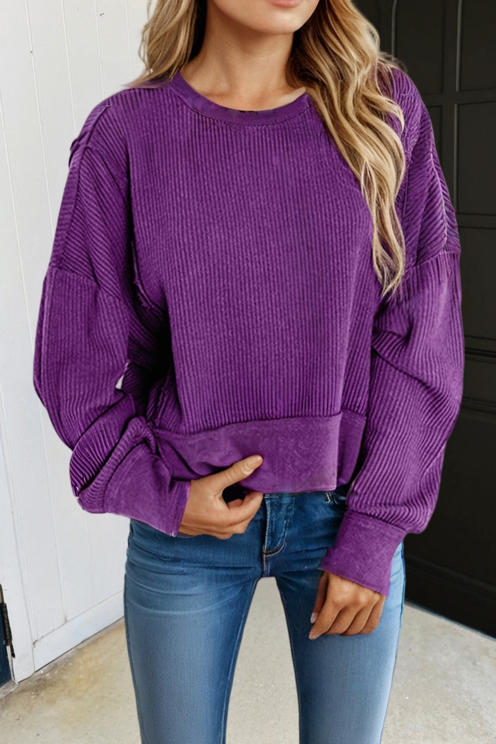 Solid Raw Seam Patchwork Textured Sweatshirt-Orchid Mist