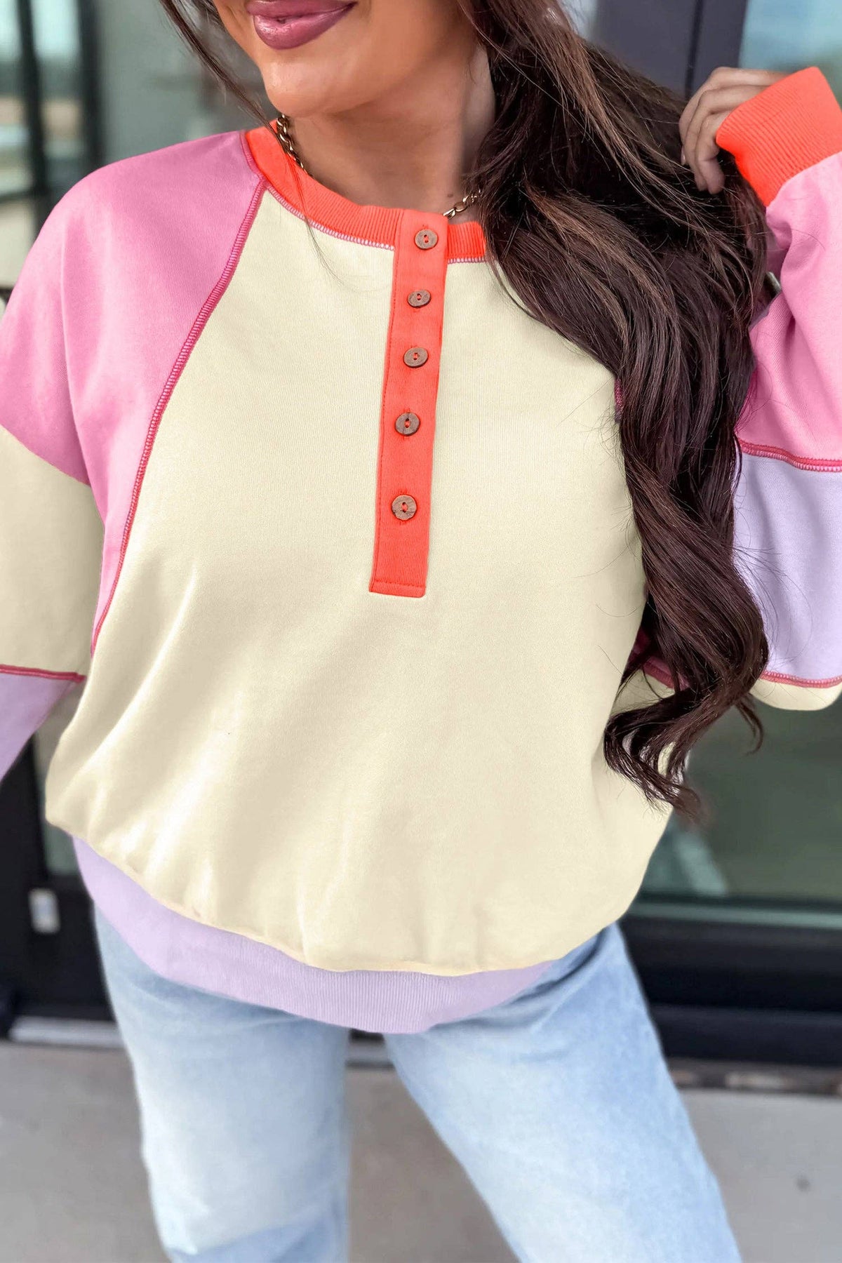 Multicolor Exposed Seam Colorblock Patchwork Pullover Long Sleeve Top