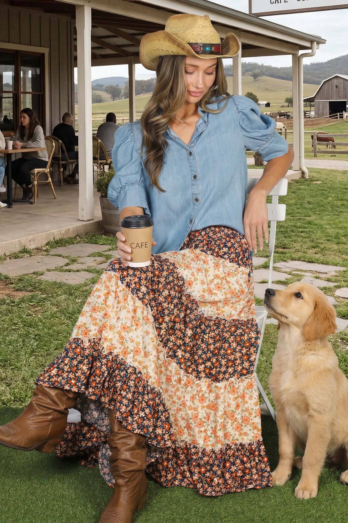 Collared Puff-Sleeve Chambray Denim Shirt