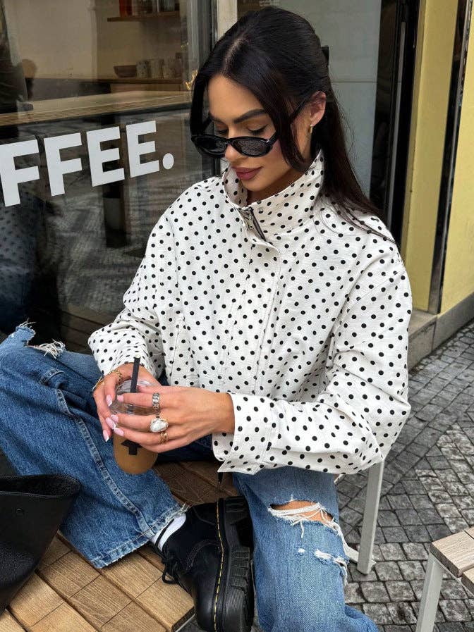 Polka Dot Woven Jacket Trendy Zip Up Stand Collar: White