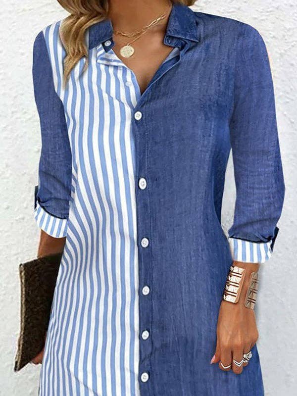 Long Sleeves Loose Asymmetric Split-Joint Striped Lapel Mini Dresses Shirt Dress: BLUE
