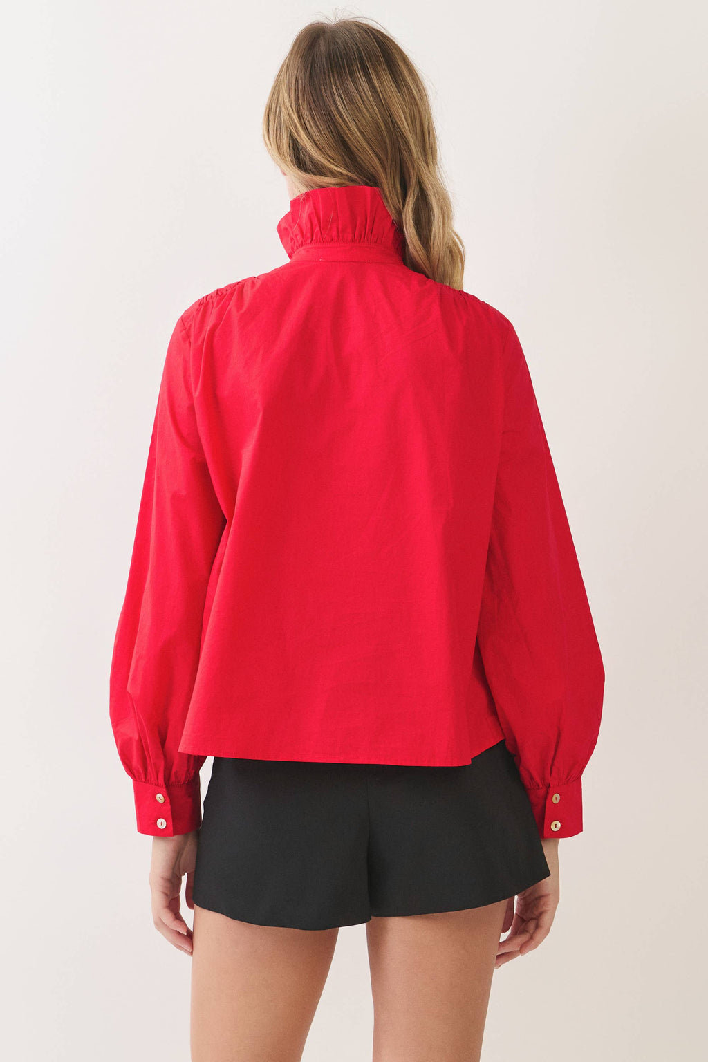 RUFFLED HIGH-NECK BUTTON DOWN SHIRT RED