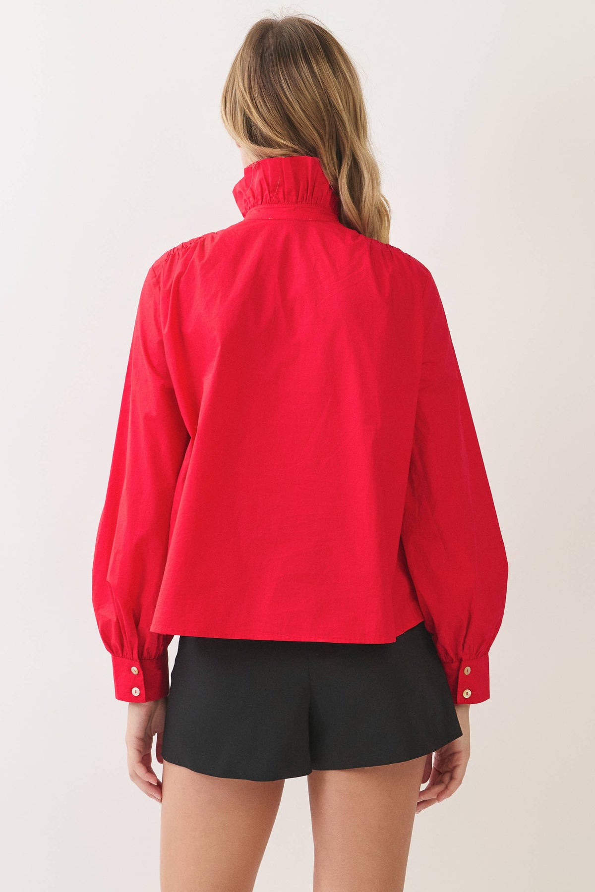 RUFFLED HIGH-NECK BUTTON DOWN SHIRT RED