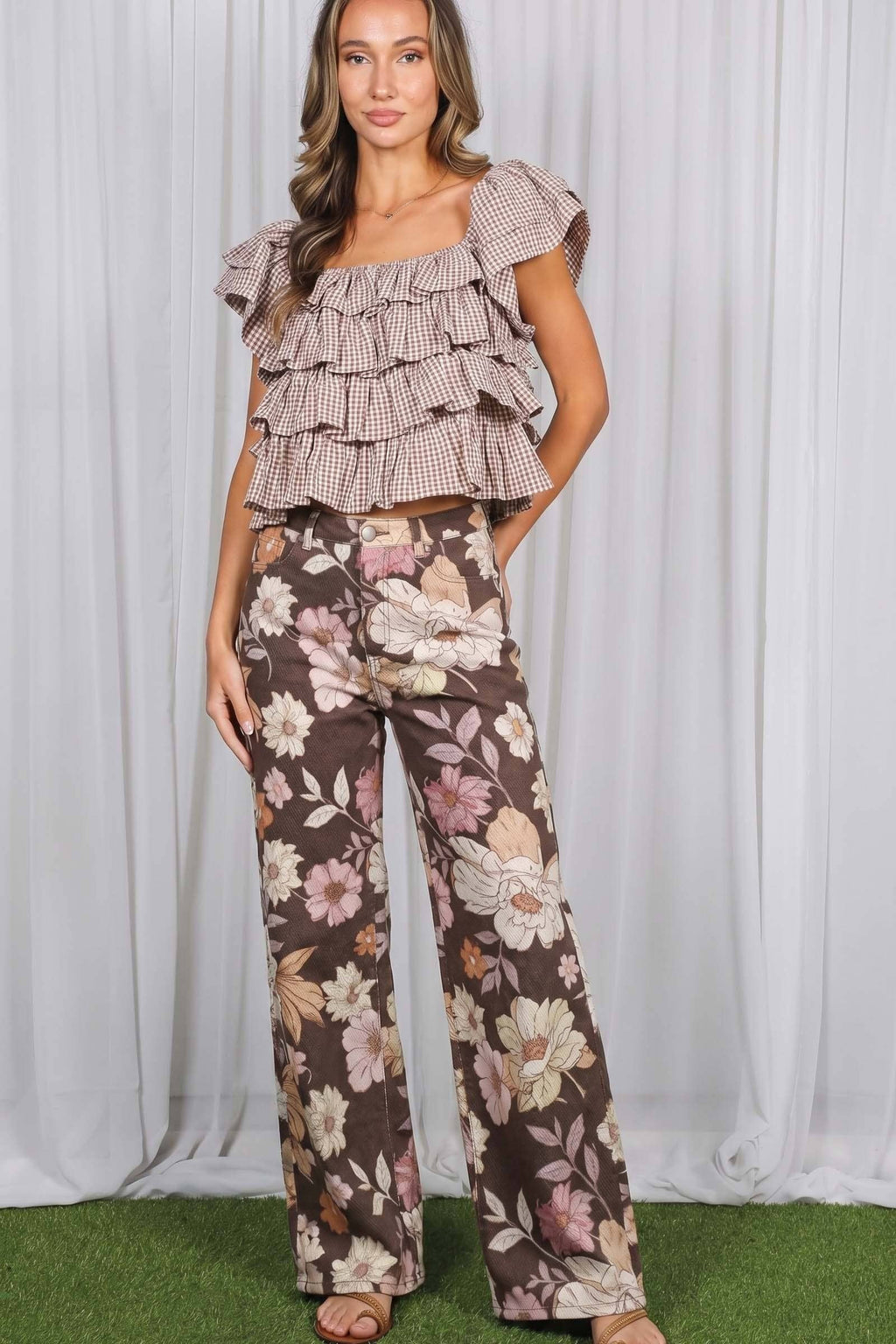 Floral Print Straight Leg Cotton Jean Pants